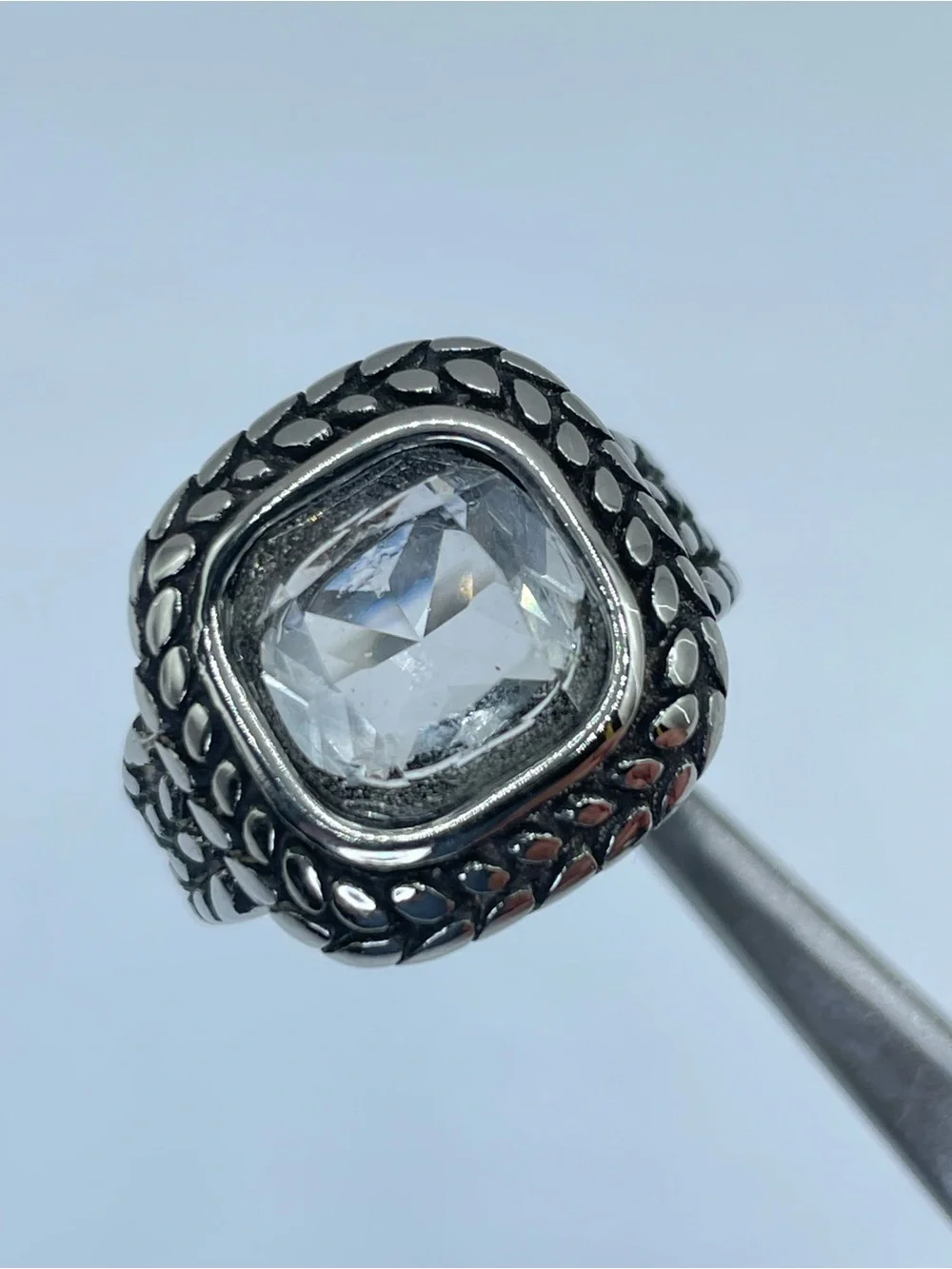 Silver Tone Clear Crystal Glass Cable Statement Ring Vintage Gothic Style